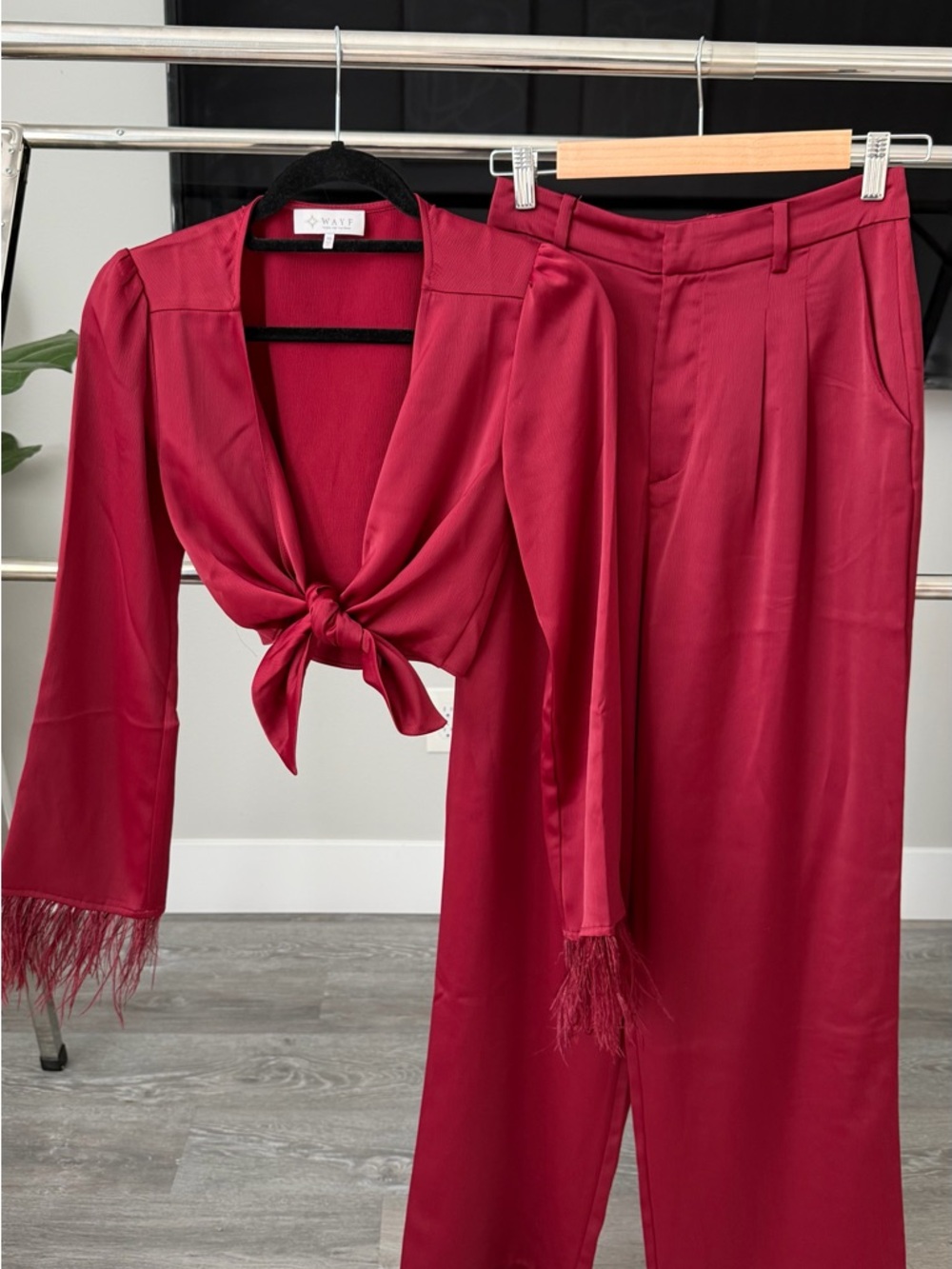 Wayf Satin Tie-Front Top & High-Waist Pants Set - deep Red/ Burgundy